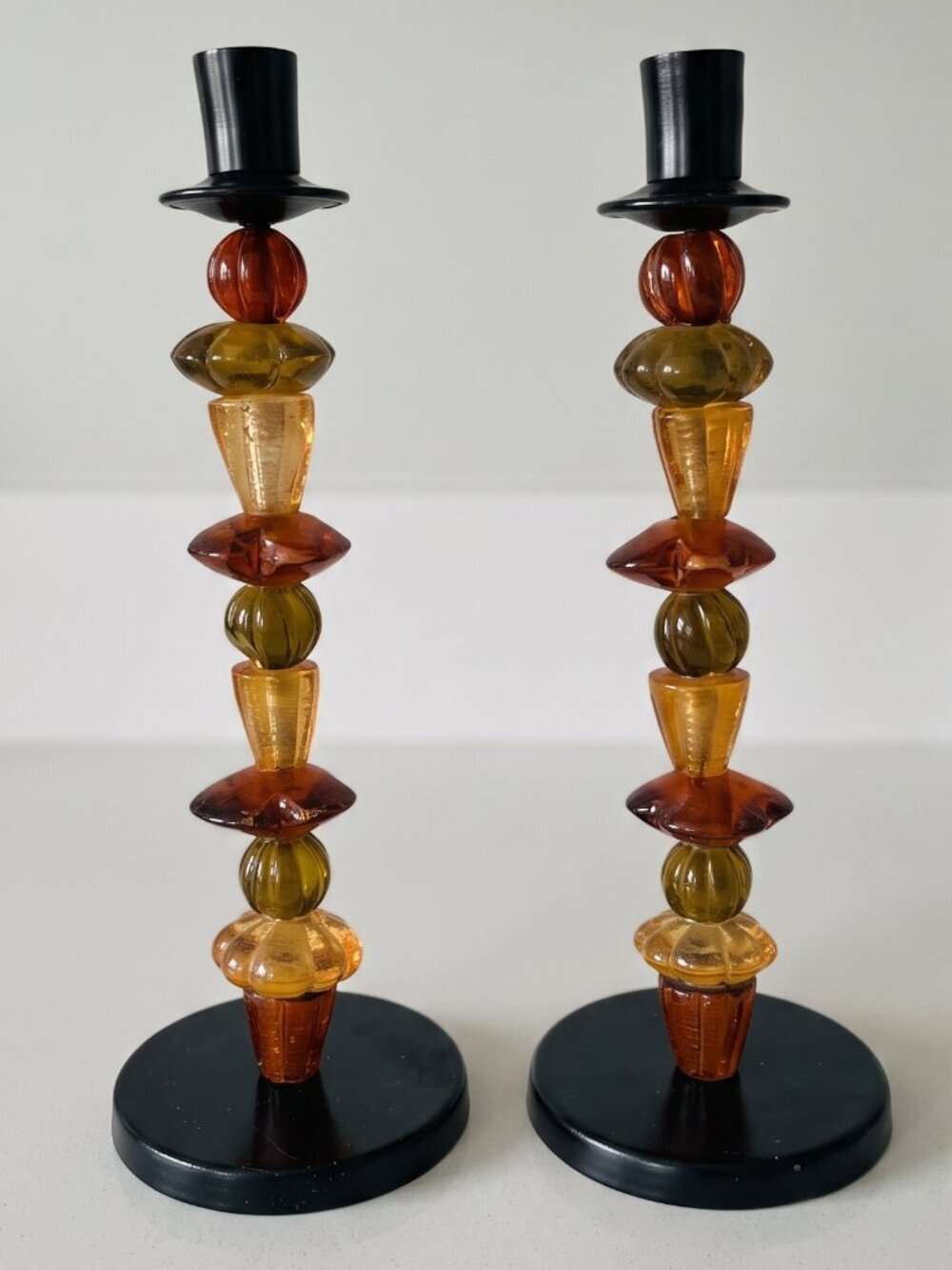 Vintage Postmodern Lucite Multicolor Bead Candle Holders Pair 12.25”